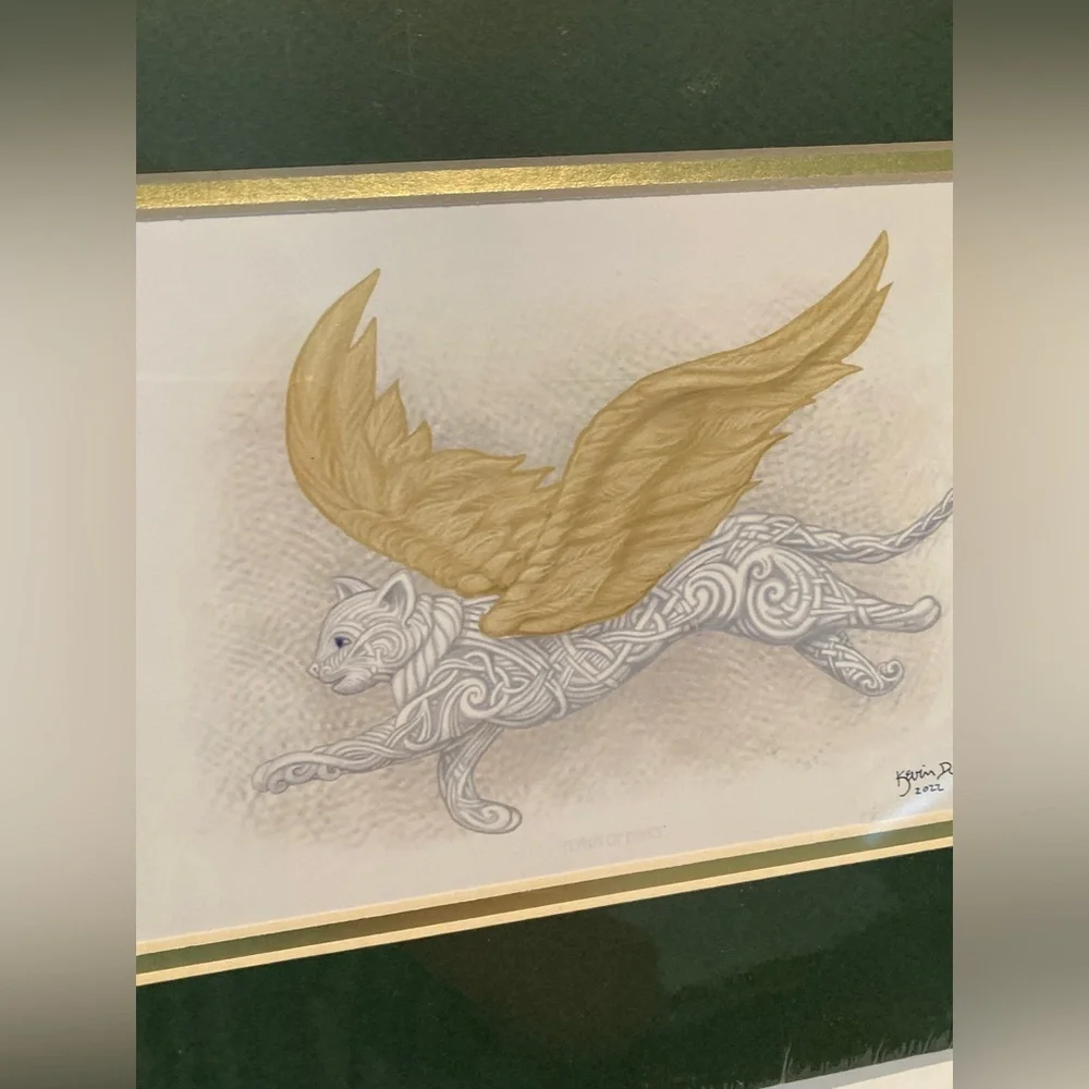 Kevin Dyer Cast Paper Art Print Signed Double Matted Flight of Fancy Cat 10”x 8”
